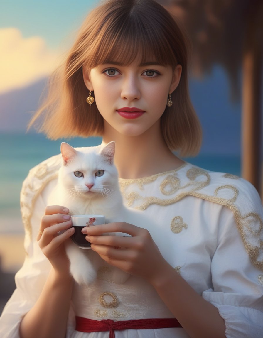 DaisyEdgarJones,<lora:DaisyEdgarJonesSDXL:1>,5> as a beautiful woman with blonde hair and red eyes in a long dress on the beach wearing a white dress holding a cat; she is drinking tea, oil painting, 4k, 8k resolution, trending on artstation, highly detailed, masterpiece, super wide-shot, by Ilya Kuvshinov and William-Adolphe Bouguereau and Greg Rutkowski and John" Award winning-winning, symmetrical, magical, otherworldly, surreal, fantasy, intricate, richly decorated with traditional chinese patterns, digital art, beautiful face, realistic shaded lighting, mystical, dramatic lighting, sharp focus, smooth details, blur, hd quality, 4k resolution, artstationHD, deviantart, behance, trending on artstation, intricatestals, dreamscape, matte painting, mystical background, dramatic, elegant, dark background, fantasy character