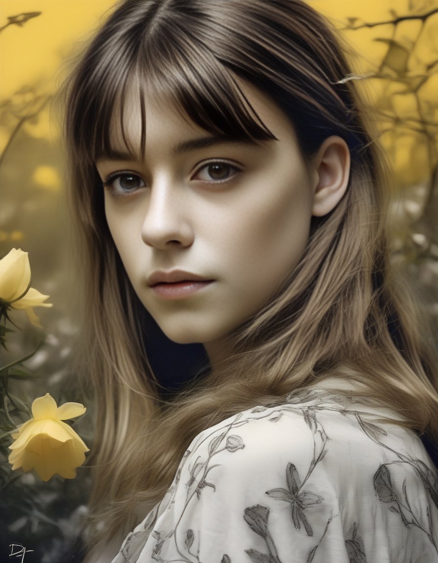 DaisyEdgarJones,<lora:DaisyEdgarJonesSDXL:1>Girl with beautiful sad eyes on the background of flowering garden. earthy tone and yellow colors (glamour by Dior). Hyperrealistic, real, art, photography, realistic, masterpieces, high quality, best quality, official art, beautiful, aesthetic, highly detailed, intricate, sharp focus, digital art, [style by Luis Royo and Fabian Perez], fine charcoal , pencil sketch, stencil layered resin, 16k, UHD, HDR, (Masterpiece: 1. 5), (best quality: 1. 5)