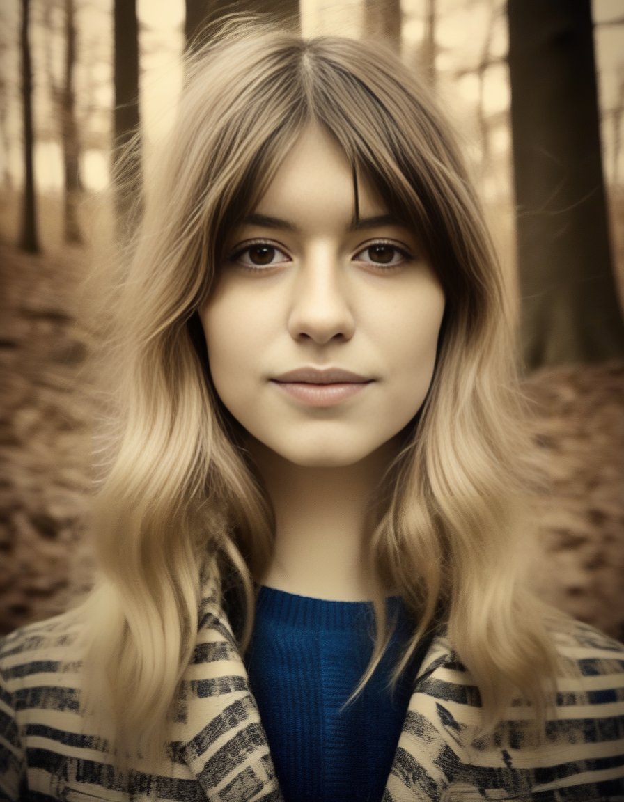 DaisyEdgarJones, portrait,close up of a Serbian Female, Alhambresque Blonde hair, autumn forest, Bokeh, Rough sketch, 60s Art, Sepia filter, dripping with DayGlo blue, poster art, <lora:DaisyEdgarJonesSDXL:1>