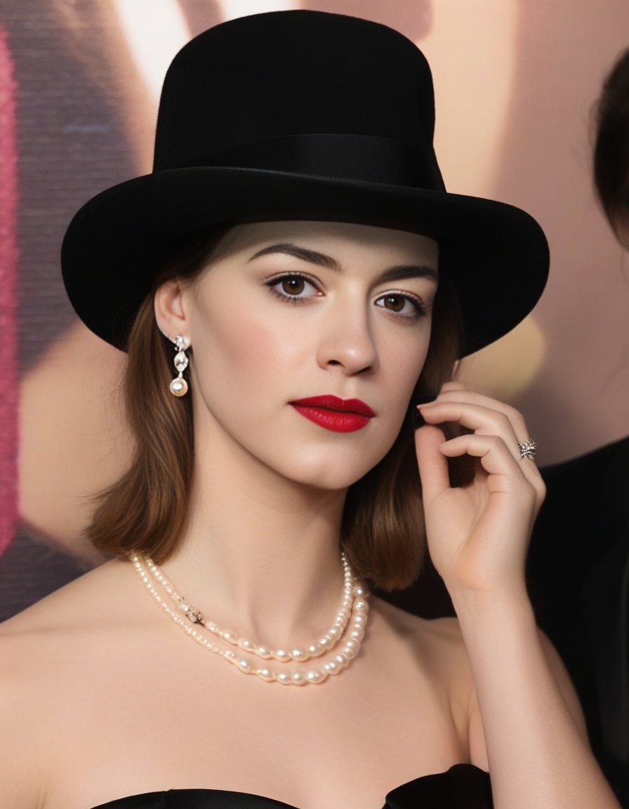 DaisyEdgarJones,<lora:DaisyEdgarJonesSDXL:1>The image features a woman wearing a black hat, a black dress, and a pearl necklace. She is posing for a picture, and her lips are painted red. The woman is also wearing a black glove, which adds to her elegant and stylish appearance. The combination of her outfit, makeup, and accessories creates a sophisticated and timeless look. (controlnet_mode:canny sdxlYamersRealism2, sdxl-1. 0. 0. 9. safetensors, SeargeSDXL4. 2-Llama2 prompt)