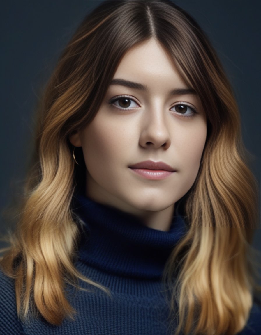 DaisyEdgarJones,<lora:DaisyEdgarJonesSDXL:1>A portrait of a confident young woman with flowing golden hair and striking features. She's wearing a form-fitting navy turtleneck that accentuates her silhouette, paired with classic blue jeans. Her posture is poised and graceful, with one hand gently resting on her hip. The soft lighting highlights her facial structure and the smooth texture of her hair, creating an image that's both vibrant and stylish.