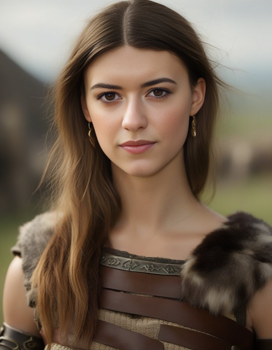 DaisyEdgarJones,<lora:DaisyEdgarJonesSDXL:1>,photo of a gorgeous woman), (professional photography), (scenic background), ((as a viking warrior woman)), ((close-up)), masterpiece, best quality, (eye contact), (looking at the viewer), centred, (shot from front), blurred_background, proportional