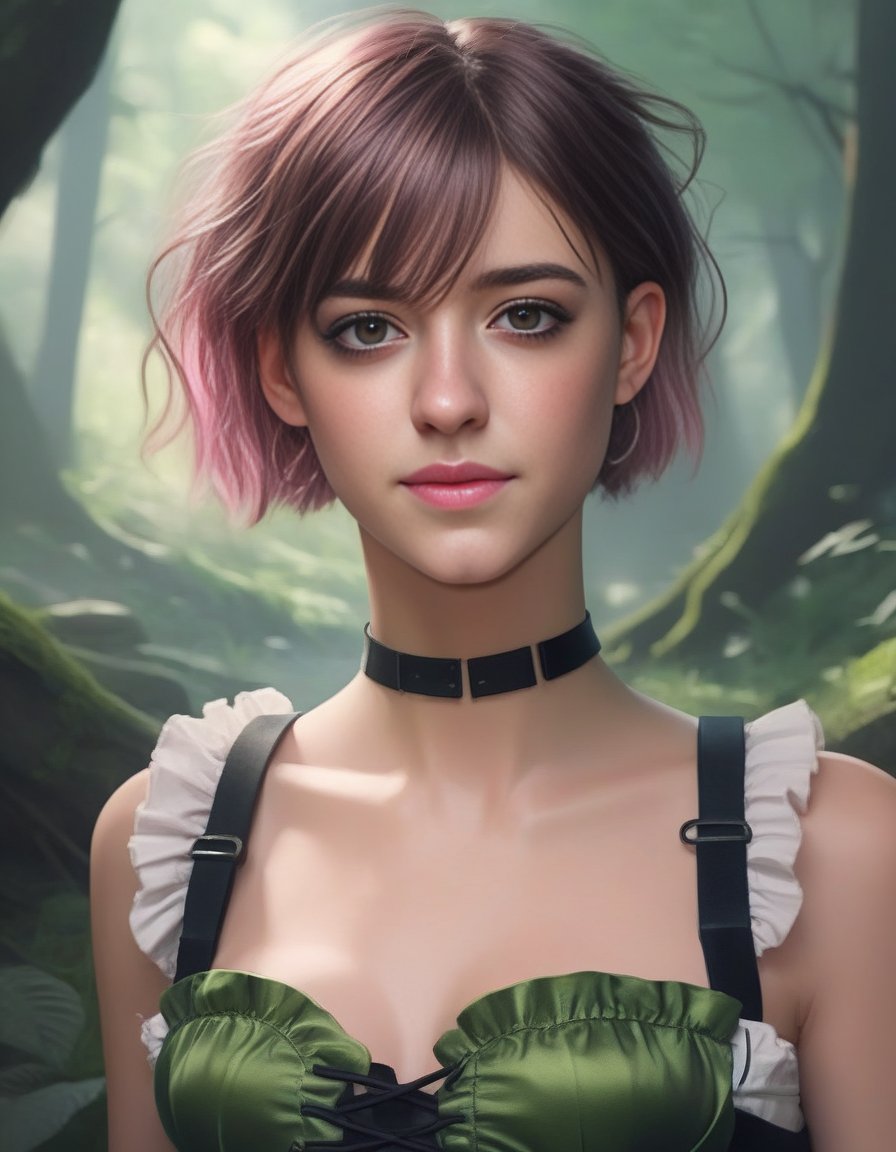 DaisyEdgarJones,<lora:DaisyEdgarJonesSDXL:1>Anime portrait by WLOP and Artgerm, trending on artstation, (masterpiece, best quality), 1girl, pixie, in a fantasy forest, green Short Wavy Hair with, Size DD breasts, pink Corset top and Ruffled mini skirt kneehighs,
