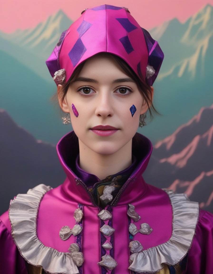 DaisyEdgarJones, portrait,close up of a Avant-Garde flyweight Woman, infused with ethereal color Court jester, wearing Wizard outfit, dense mountains, Hazy conditions, Surprising, Ceramic, Dada Art, Magenta hue, (art by Shigenori Soejima:0.8) , <lora:DaisyEdgarJonesSDXL:1>