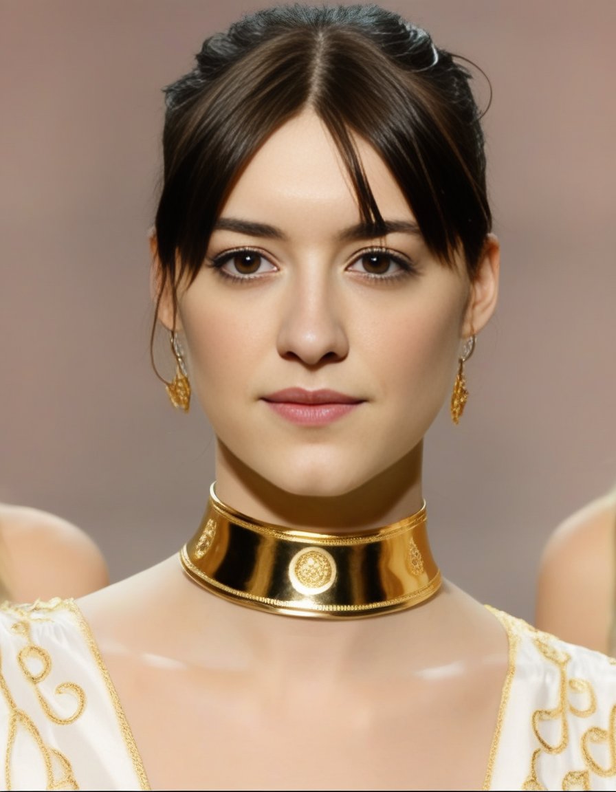 DaisyEdgarJones,<lora:DaisyEdgarJonesSDXL:1>,  a woman wearing a gold choker, gold collar, wearing gold detailed choker, gold choker, gold detailed collar, golden collar, choker on neck, gold glow, wearing steel collar, wearing choker, wearing collar on neck, collar on neck, attractive neck, choker, smooth gold skin, draped in shiny golden oil, choker around neck, smooth golden skin