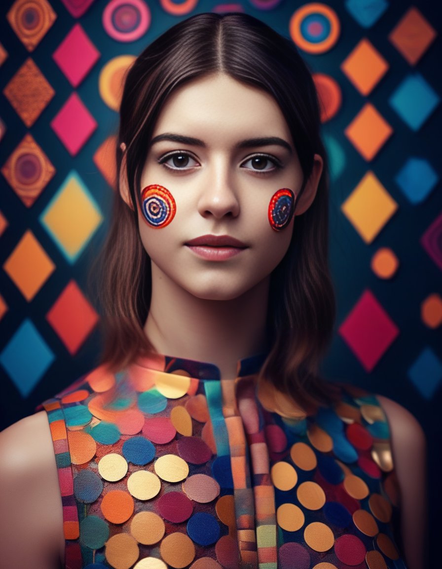 DaisyEdgarJones,<lora:DaisyEdgarJonesSDXL:1>, cinematic photo (full-body:1.85) A futuristic portrait of a beautiful young woman on a simple paper studio background with a strong colourful intricate circular geometrical pattern, geometrical makeup, (highly detailed skin texture:1.6), pores, high contrast . 35mm photograph, film, bokeh, professional, 4k, highly detailed