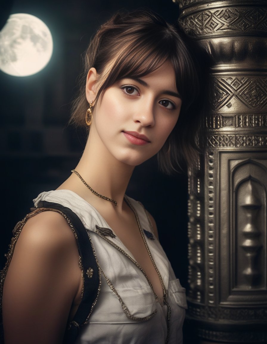 DaisyEdgarJones, (art by Guido Reni:0.8) , photograph, Studio shot of a Funky Witty light-weight Girl, inside of a Magnificent Mosque, Moon in the night, soft focus, Satisfying, Dieselpunk, Canon RF, telephoto lens, <lora:DaisyEdgarJonesSDXL:1>