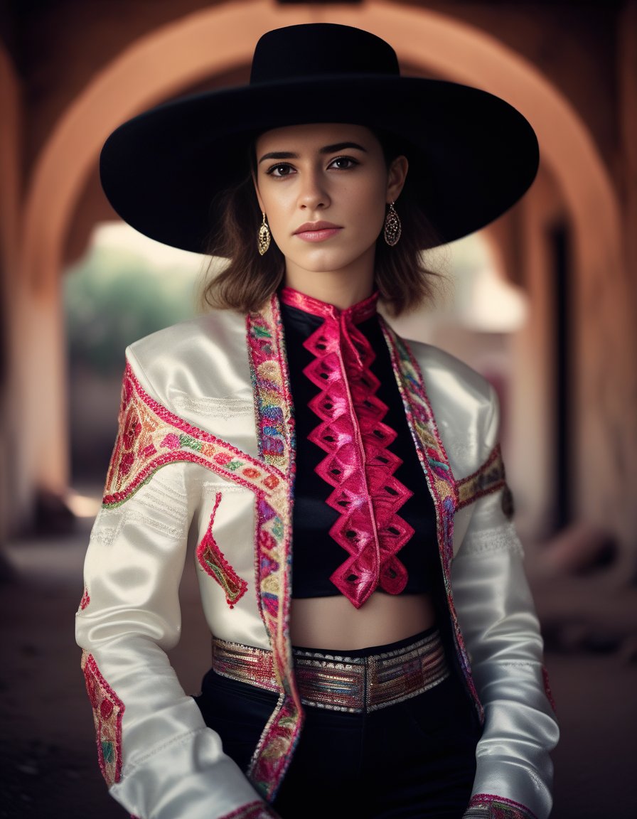 DaisyEdgarJones, photograph, Secret Burundian Female, wearing Albanian Mexican charro suit, inside a Satin Portal, deep focus, natural lighting, film grain, Sony A9 II, Depth of field 270mm, <lora:DaisyEdgarJonesSDXL:1>