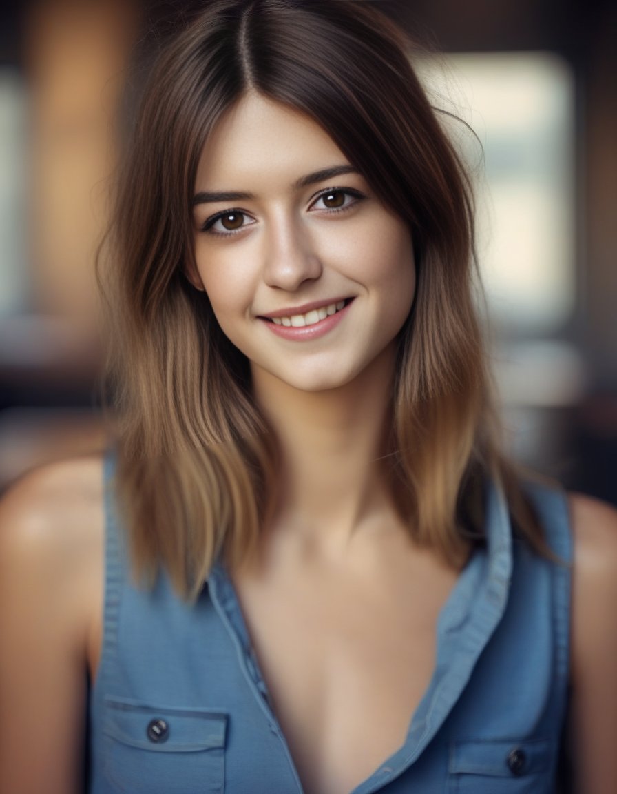 DaisyEdgarJones,<lora:DaisyEdgarJonesSDXL:1>a portrait photo of skinny, slim German 25 year old business woman smiling business woman with light brown eyes and smooth hair in front full body view, topless with big full breasts, ribs, wearing wide open blue jeans blouse and trousers, head complete on photo, textured skin, coffee shop wall background, nsfw