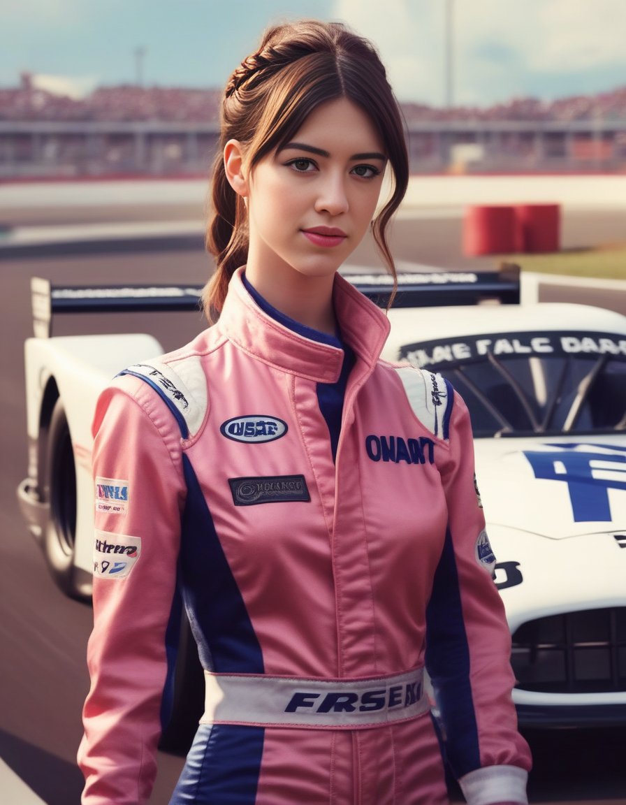 DaisyEdgarJones,<lora:DaisyEdgarJonesSDXL:1> perfect anime illustration, 1girl, braided hair, medium hair, medium breasts, sidehair, racecar driver, ((firesuit, race track, car)), nascar, f1, indycar, (outdoors, speedway, track), standing next to a racing vehicle, hand on hip, good posture, looking at viewer. created by Artgerm, volumetric lighting, 8k, hdr, holga, 300mm lens f3. 5, aesthetic, unsharpened