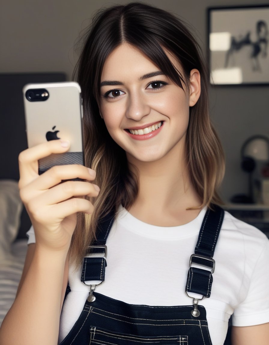 DaisyEdgarJones,<lora:DaisyEdgarJonesSDXL:1>, a curvy athletic woman in black overalls is smiling and taking a selfie, white t-shirt, streak in hair, 8k uhd, dslr, soft lighting, high quality, film grain, Fujifilm XT3