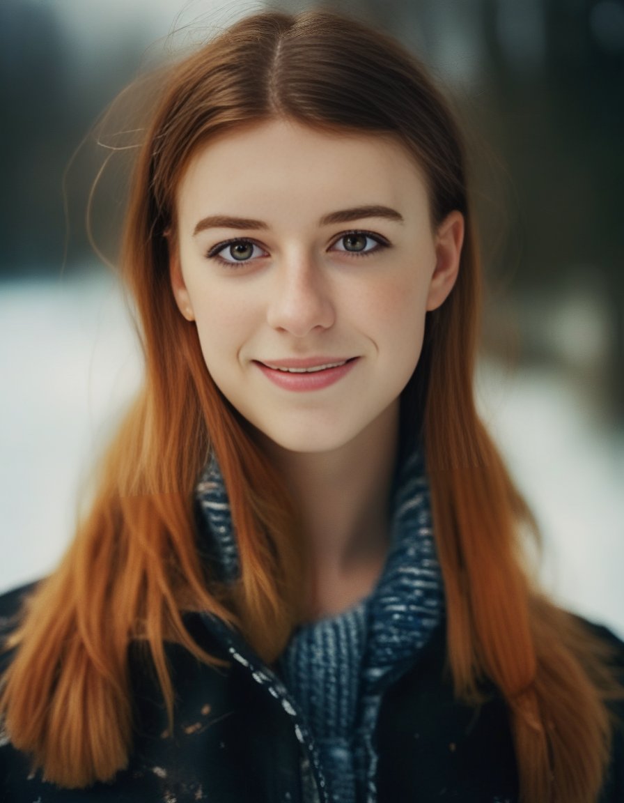 DaisyEdgarJones,<lora:DaisyEdgarJonesSDXL:1>, cinematic photo (art by Mathias Goeritz:0.9) , photograph, Lush Girlfriend, looking at the camera smiling, Rich ginger hair, Winter, tilt shift, Horror, specular lighting, film grain, Samsung Galaxy, F/5, (cinematic still:1.2), freckles . 35mm photograph, film, bokeh, professional, 4k, highly detailed