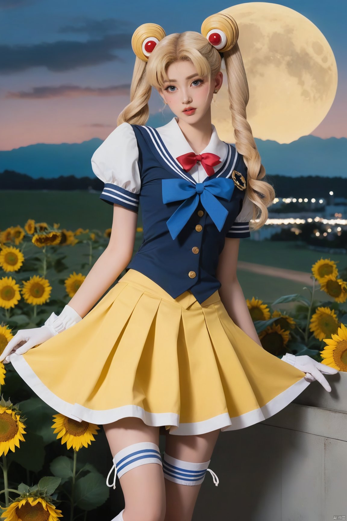 1girl, sailor moon, solo, crescent facial mark, blonde hair, sailor senshi uniform, double bun, magical girl, skirt, long hair, heart brooch, sailor collar, twintails, layered skirt, (big breasts:1.35), MEINV,crescent, jewelry, boots, facial mark, white footwear, blue sailor collar, gloves, hair bun, white gloves, knee boots, full body, brooch, yellow skirt, elbow gloves, multicolored skirt, forehead mark, cloud, sky, scenery, moon, flower, field, outdoors, sunflower, crescent moon, flower field, day, cloudy sky, yellow flower, night, nature, blue sky, ,  (raw photo:1.2), ((photorealistic:1.4))best quality, masterpiece, illustration, an extremely delicate and beautiful, extremely detailed, CG, unity, 8k wallpaper, Amazing, finely detail, masterpiece, best quality, official art, extremely detailed CG unity 8k wallpaper, absurdres, incredibly absurdres, huge filesize, ultra-detailed, highres, extremely detailed, beautiful detailed girl, cinematic lighting, 1girl, pale skin, tall female, (perfect body shape), skinny body, Slender legs,,