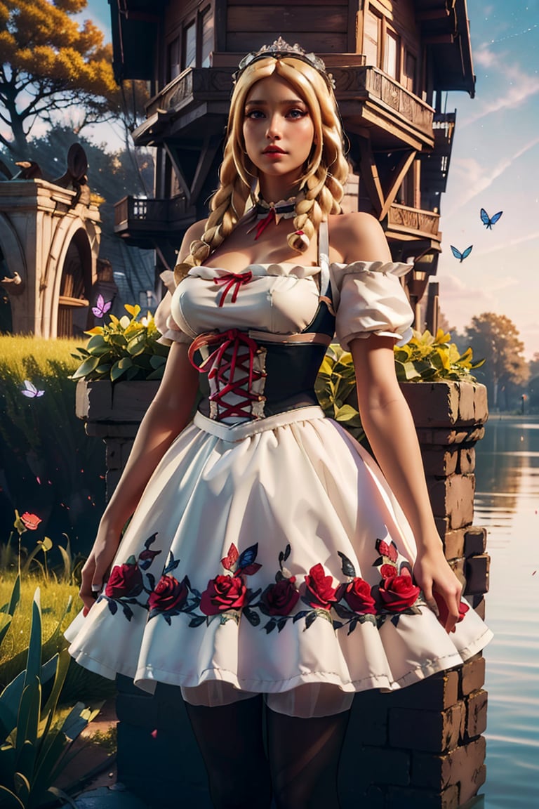 (beautiful detailed eyes), glowing eyes, seductive eyes , beautiful detailed eyes, (best quality, masterpiece, illustration, designer, lighting), (extremely detailed CG 8k wallpaper unit), (detailed and expressive eyes), detailed particles, beautiful lighting , (blond hair:1.5), (LONG HAIR), (( a girl,big breasts)),wearing a teddy bear tiara, donning a beautiful black and red dress with ruffles and lace, sheer black stockings, black crystal high heels, chest bows, butterflies ,background(butterflies, Rose, sunset , palace ,trees, ship on lake), (on wall) ,grass,road of flowers,perfect,fingers,hand drow,perfect,fingers,hand,marin,asuna yuuki,1 girl,(((xHeidi)))