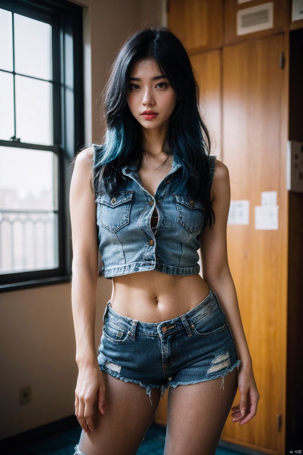  HUBG_Film_Texture, hyperrealism,
21yo girl, solo, looking at viewer, blue hair, Pantyhose, Ripped denim shorts, wide shot, HDR, Vibrant colors, surreal photography, highly detailed, masterpiece, ultra high res, high contrast, mysterious, cinematic, fantasy, bright natural light,