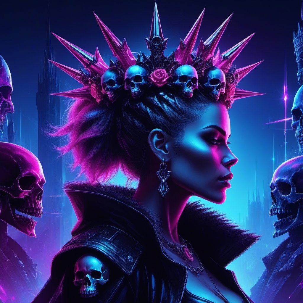 1girl, skull crown, spike crown, epic, profile view, digital illustration painting, perfect composition, blue pink gothic cyberpunk synthwave