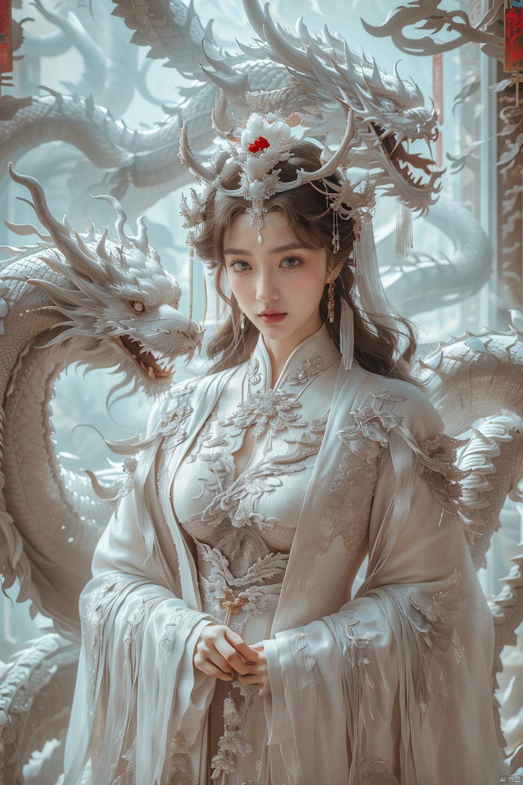  A royal elder sister, Keywords portrait photography, close-up shooting of people's faces, Front view, solemn,realism,,drakan_longdress_crown,Jewelry, gorgeous palaces, Chinese dragons, drakan_longdress_crown,Imperial robe,Dragon crown