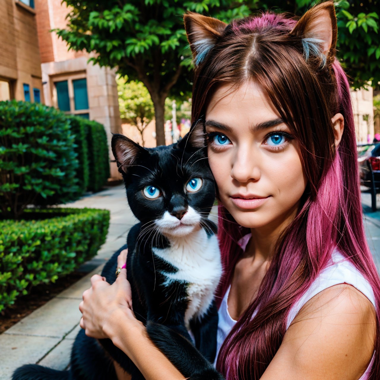 Girl with cat, black cat, pink hair blue eyes, avatar