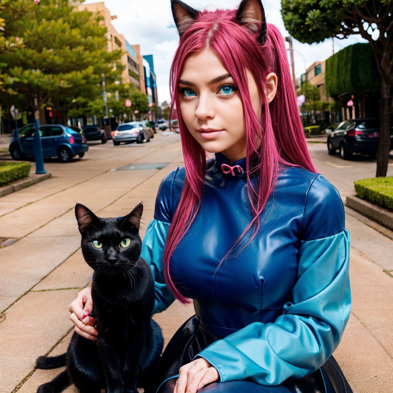 Girl with cat, black cat, pink hair blue eyes, avatar