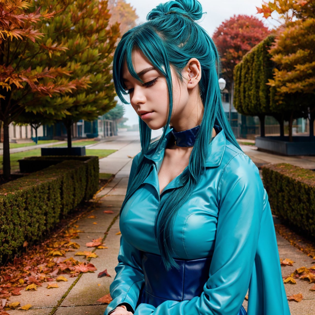 (High Detail:1.2)Anime Girl,(Cinematic Lighting,Delicate Colors),(Falling Leaves:1.2), Calm Lighting, Wind, Fog. Turquoise, delta shades. discord banner