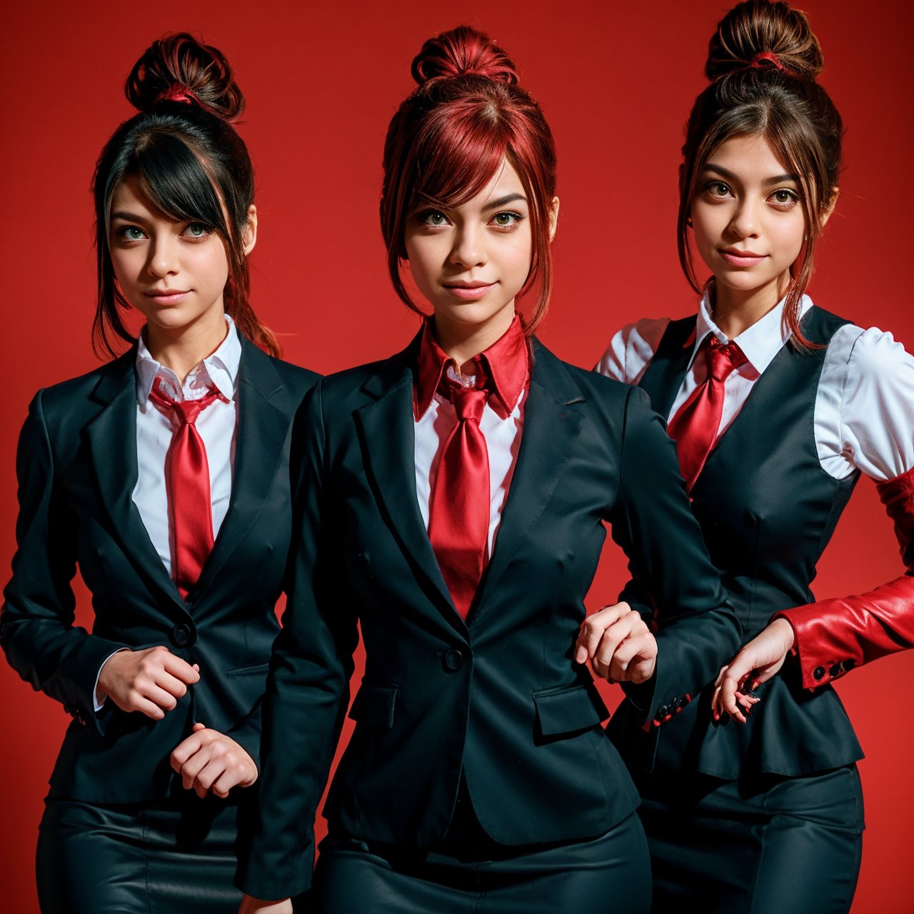 Trio girl of suit and tie,dynamic pose,nervous expression, with red background,death note style