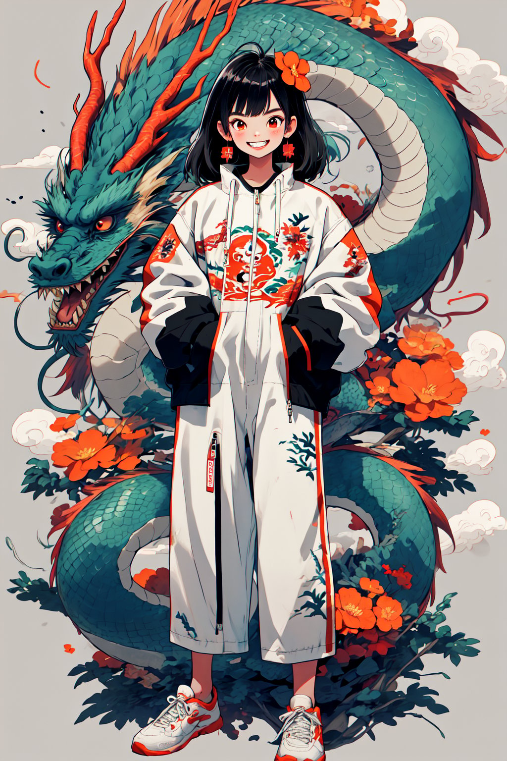 national tide,1girl,black hair,black pants,breathing fire,cloud,dragon,dragon girl,dragon tail,earrings,eastern dragon,fire,fish,flower,grin,hand in pocket,hands in pockets,jacket,jewelry,koi,leaf,long sleeves,looking at viewer,medium hair,open clothes,orange flower,oversized animal,pants,puffy long sleeves,puffy sleeves,red eyes,red flower,scales,sharp teeth,shirt,smile,smoke,snake,solo,spider lily,tail,teeth