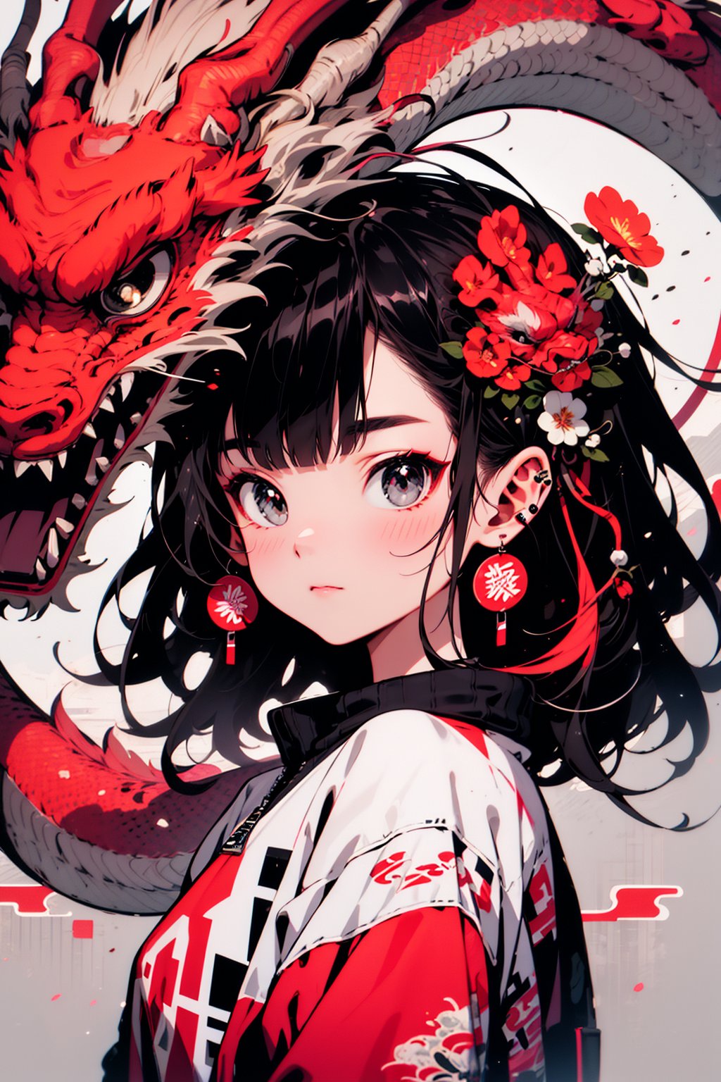 (best quality),(high resolution illustratio),national tide,eastern dragon, 1girl, dragon, jewelry, looking at viewer, earrings, piercing, black hair, print jacket, solo, bangs, ear piercing, jacket, hair ornament, upper body, blush, white background, medium hair, closed mouth, simple background, floral print, chinese zodiac, flower, short hair, grey eyes, new year, red jacket, zipperr, short hair, grey eyes, new year, red jacket, zipper