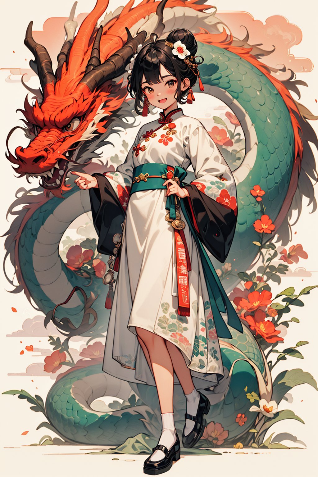 (best quality),(high resolution illustratio),national tide,1girl, flower, black hair, dragon, hair ornament, hair flower, hair bun, smile, solo, long sleeves, open mouth, eastern dragon, brown eyes, looking at viewer, full body, tassel, chinese clothes, sash, short hair, bangs, black footwear, blush, dress, tabi, horns, socks