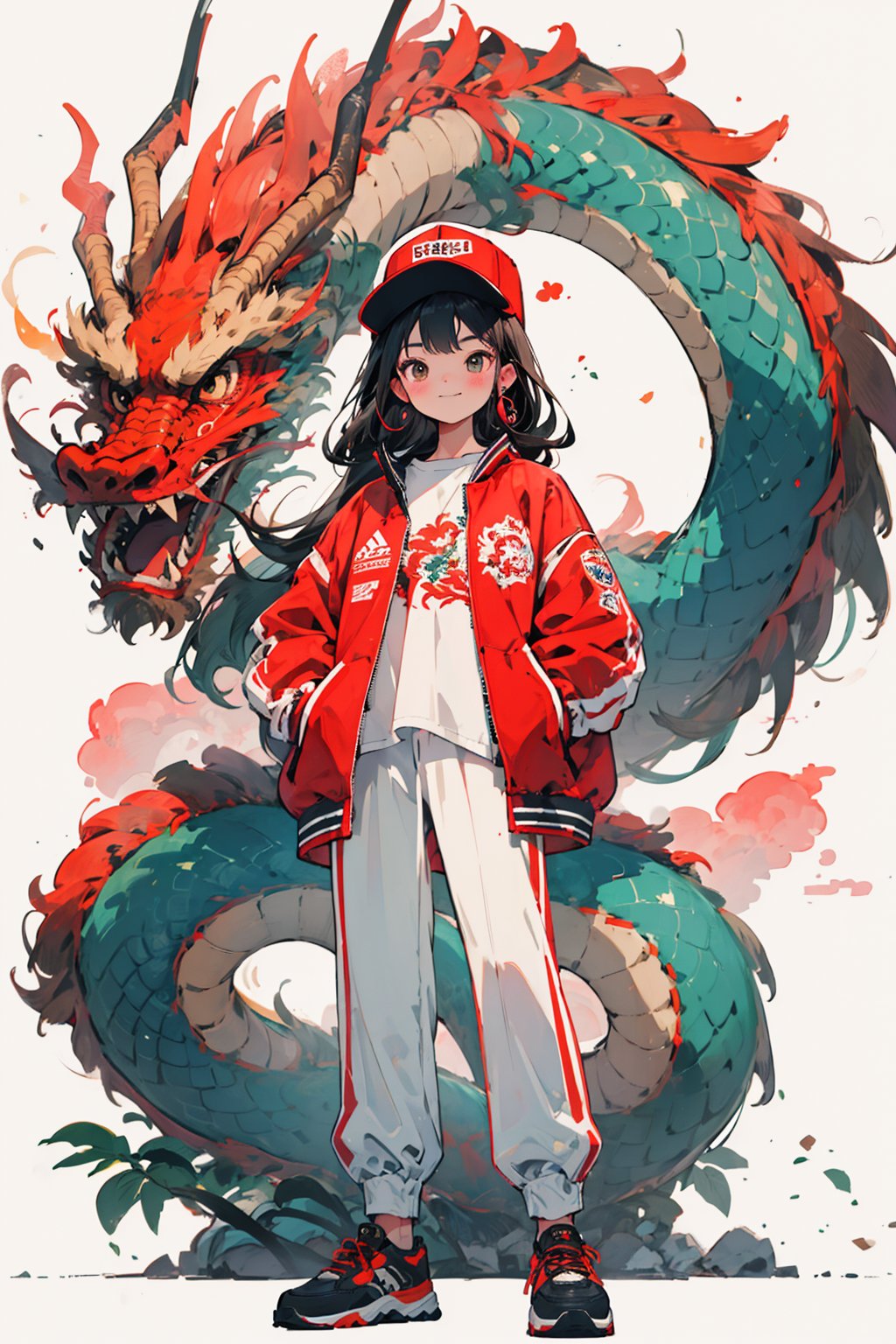 national tide,1girl, eastern dragon, dragon, red headwear, pants, long hair, hands in pockets, shirt, red jacket, black hair, solo, white shirt, shoes, jacket, hat, looking at viewer, full body, sneakers, long sleeves, white background, standing, smile, blush, brown eyes, earrings, closed mouth, puffy long sleeves, simple background, bangs, black eyes, open jacket