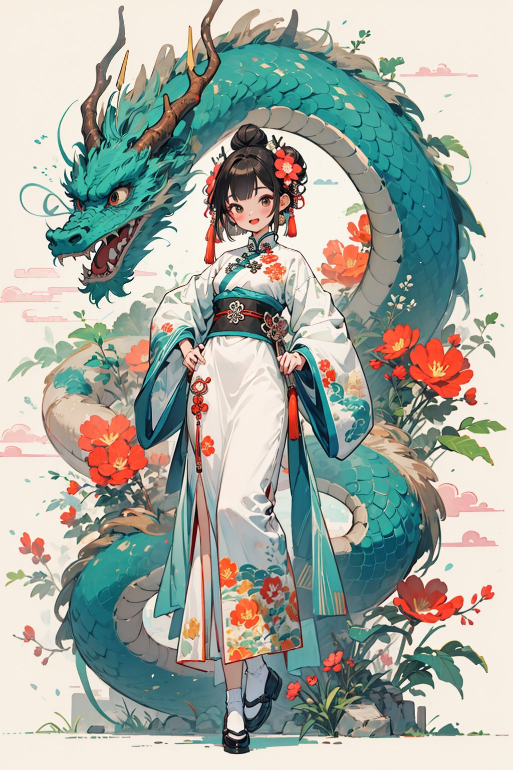 (best quality),(high resolution illustratio),national tide,1girl, flower, black hair, dragon, hair ornament, hair flower, hair bun, smile, solo, long sleeves, open mouth, eastern dragon, brown eyes, looking at viewer, full body, tassel, chinese clothes, sash, short hair, bangs, black footwear, blush, dress, tabi, horns, socks