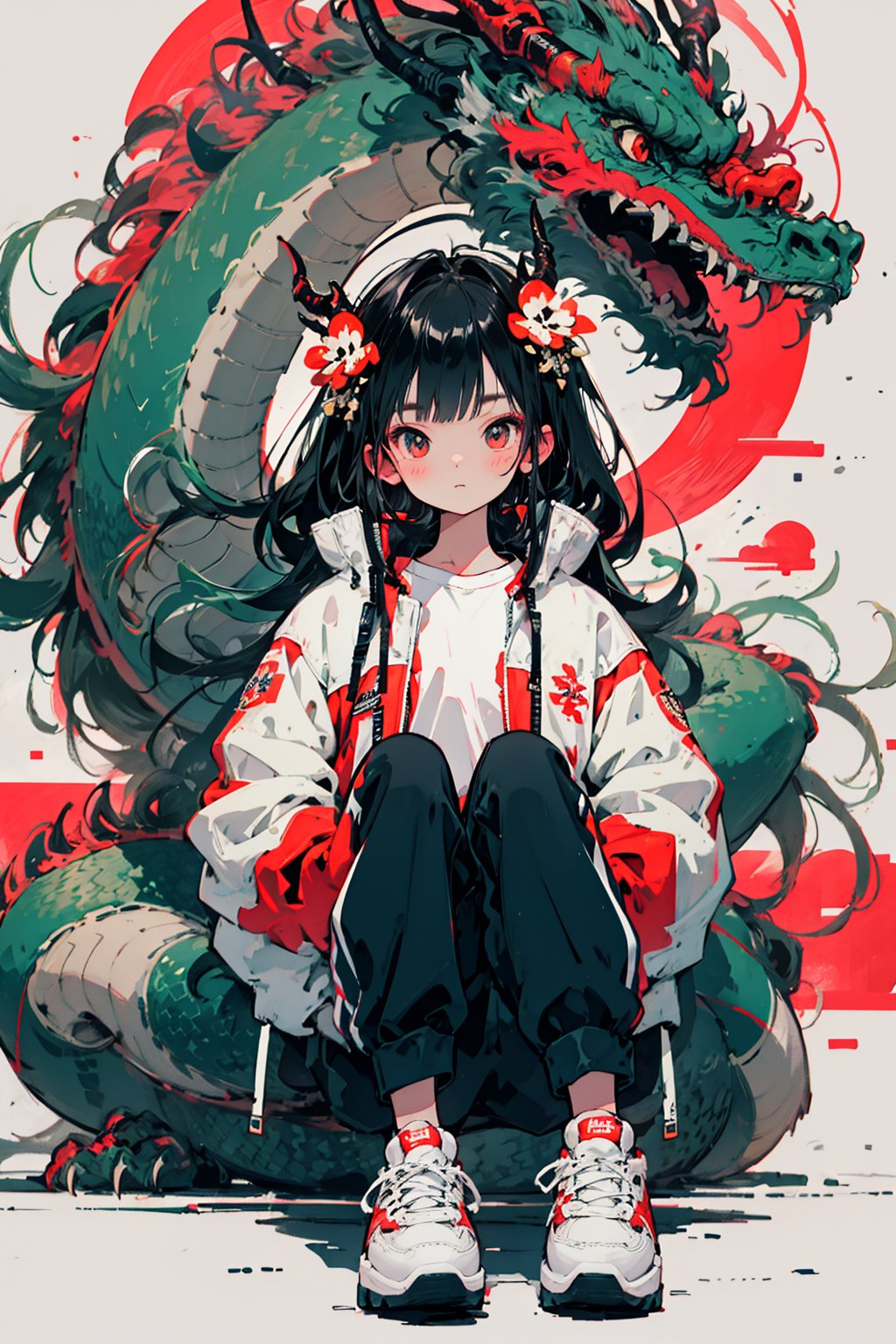 (best quality),(high resolution illustratio),national tide,1girl, black pants, black hair, jacket, pants, dragon, blush, looking at viewer, shoes, sitting, eastern dragon, white jacket, solo, shirt, long sleeves, bangs, hair ornament, sneakers, claws, long hair, closed mouth, red eyes, horns, multicolored jacket, open jacket, tail, full body, open clothes, clothes writing, knees up