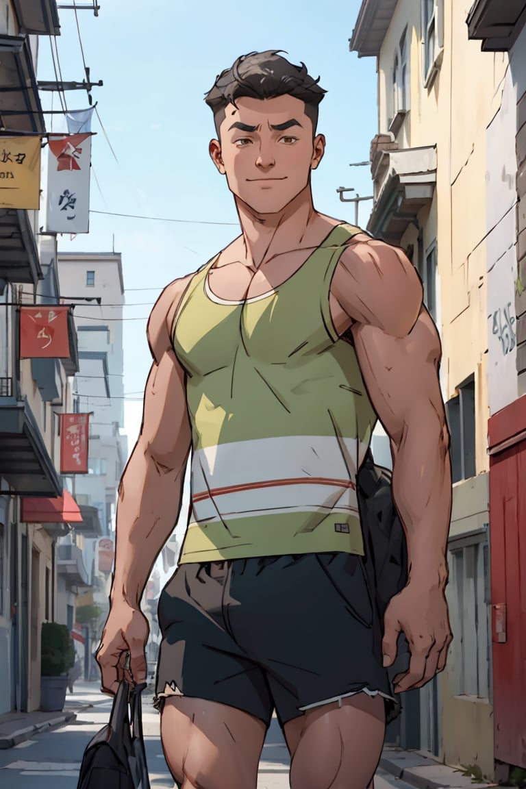 Masterpiece, Best Quality, 1boy, solo, mark, short hair, blakc hair, BREAK, brown eyes, smirk, tank top, toned, shorts, city, looking at viewer, cowboy_shot