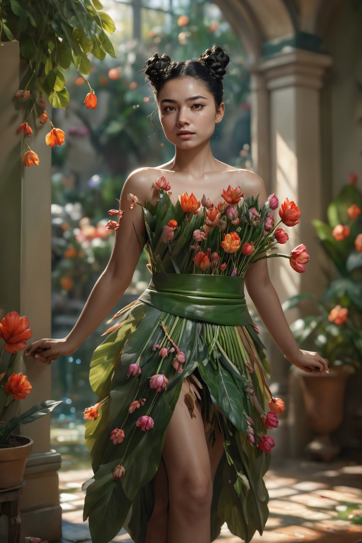 1girl, solo, black hair, hair ornament, dress, bare shoulders, standing, collarbone, full body, flower, day, indoors, hair bun, nail polish, blurry, lips, double bun, depth of field, blurry background, leaf, sunlight, plant, green dress, realistic, potted plant(extremely detailed CG unity 8k wallpaper),(((masterpiece))), (((best quality))), ((ultra-detailed)), (best illustration),(best shadow), ((an extremely delicate and beautiful)),dynamic angle,floating, fairyland,dynamic angle,sea of flowers,beautiful detailed garden,wind,classic,spring, (detailed light),feather, nature, (sunlight), river, forest,(((floating palace))),((the best building)),beautiful and delicate water,(painting),(sketch),(bloom),(shine)