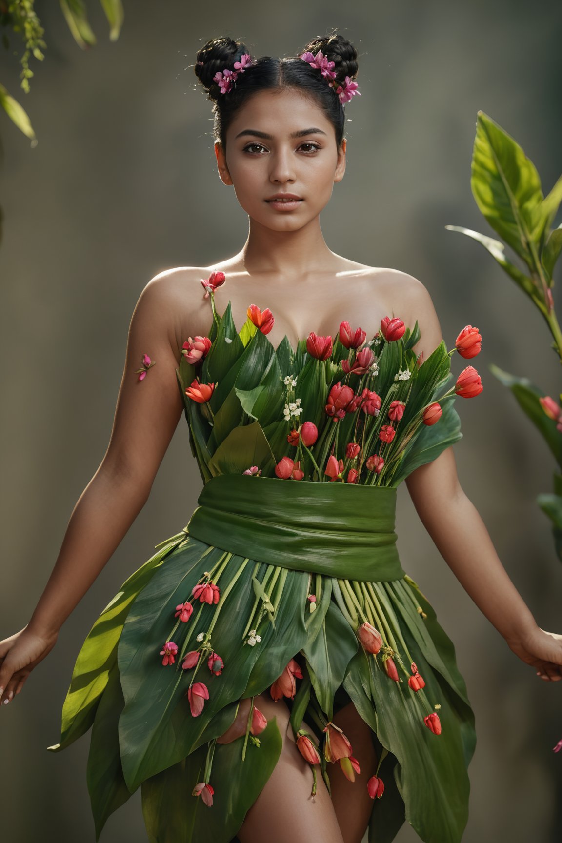 Mallu girl, ((Girl cover her body with plant and blossom)), ((full body)),1girl, solo, black hair, dress, bare shoulders, brown eyes, flower, hair bun, double bun, shadow, green dress, realistic, Realistic Sony a7iii photography, ,more detail XL,Flower queen