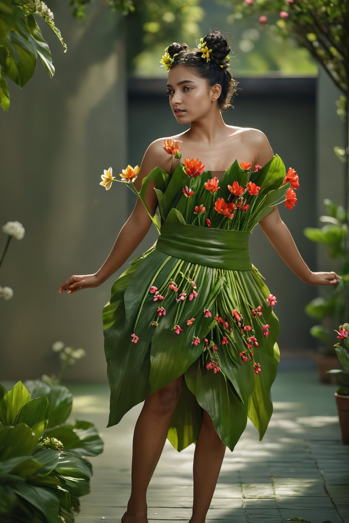 Mallu girl, ((Girl cover her body with plant and blossom)), ((full body)),1girl, solo, black hair, dress, bare shoulders, brown eyes, flower, hair bun, double bun, shadow, green dress, realistic, Realistic Sony a7iii photography, ,more detail XL,Flower queen