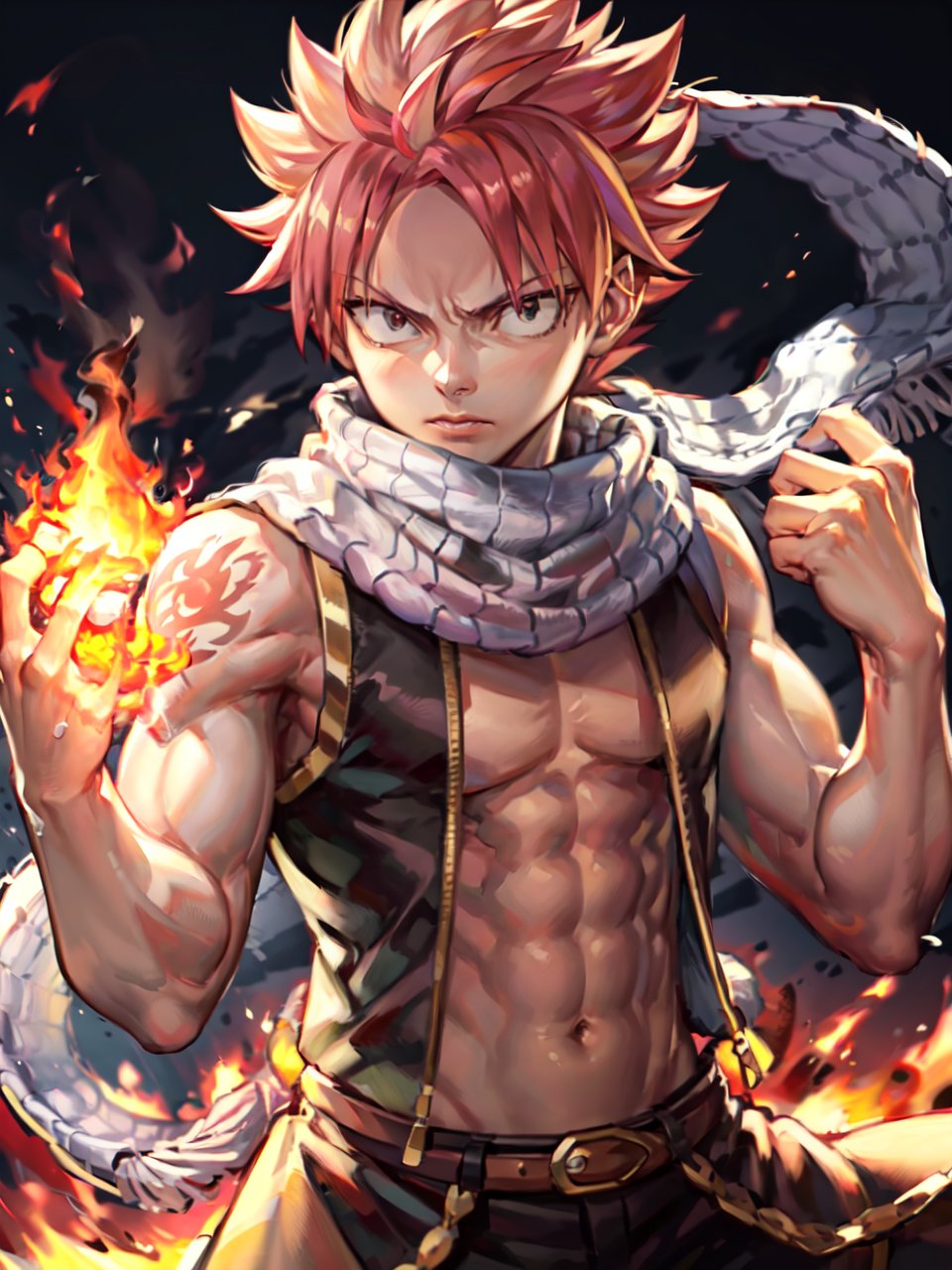 masterpiece, best quality, 1boy, natsu dragneel, scarf, sleeveless, black eyes, fire, arm up, ,More Detail