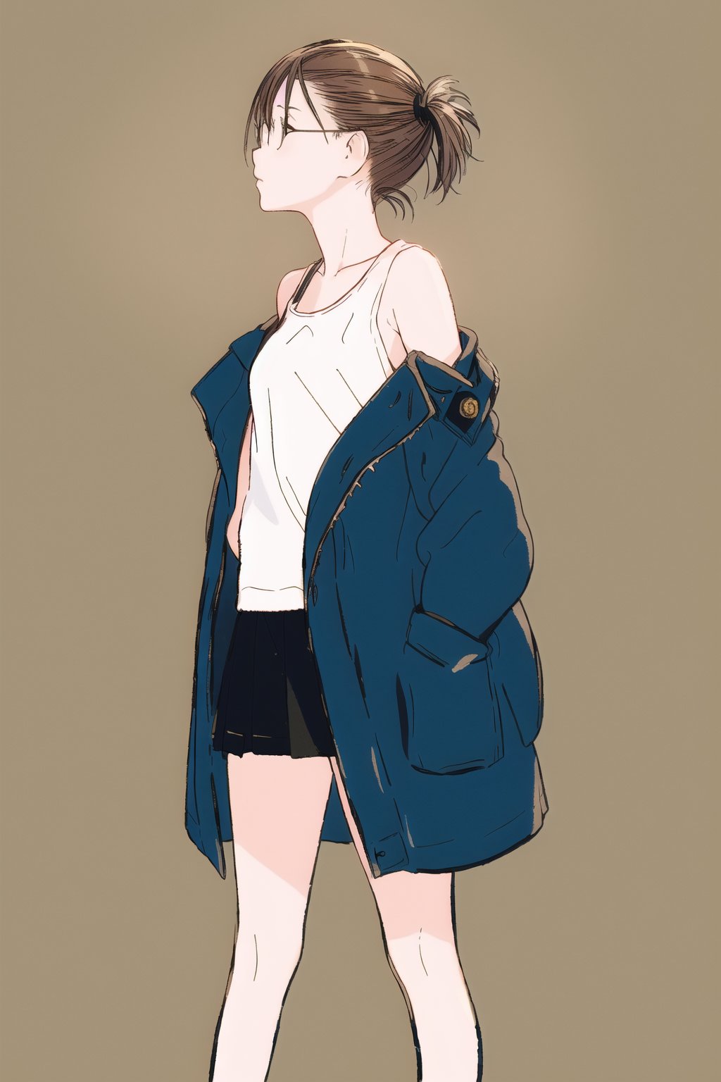 (best quality, masterpiece, highres),from behine,1girl stand,solo,tanktop no bra,off shoulders and jacket,shirt,mini_skirt,yokotanjistyle