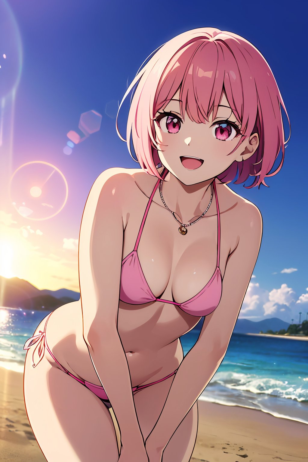 ((absurdres, highres, ultra detailed, high resolution, masterpiece, best quality, very fine 8KCG wallpapers)), 1 girl, solo, medium breasts, smile, :D, short hair, pale pink hair, pink eyes, micro bikini, necklace, splashing, lens flare, beach, nice hands, perfect hands,