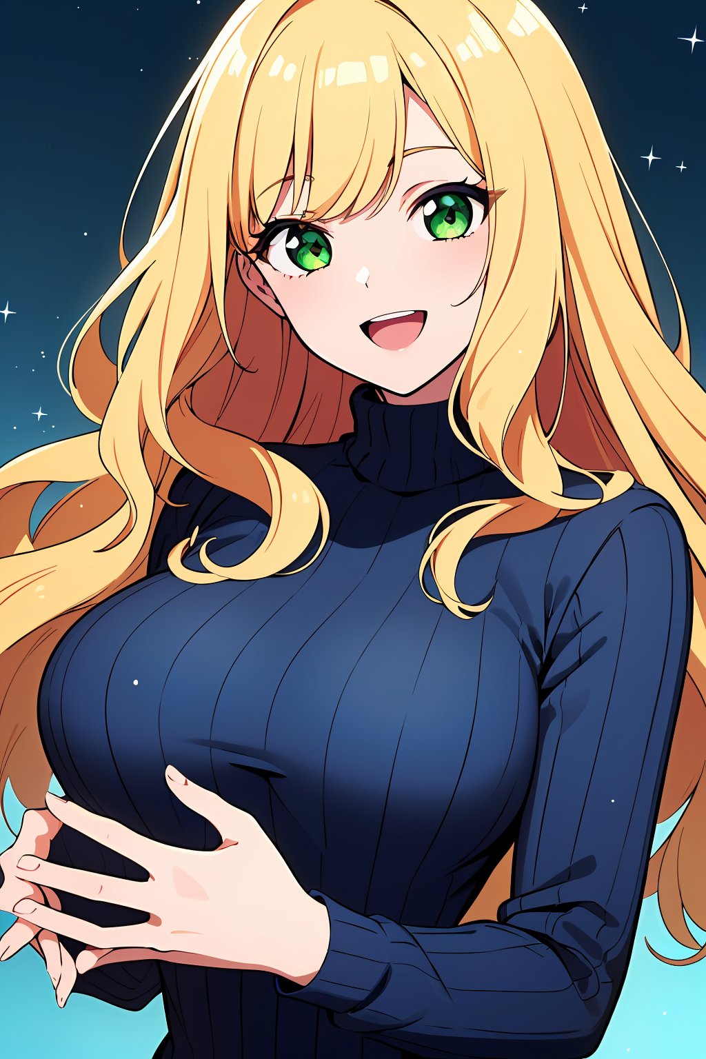 ((absurdres, highres, ultra detailed, high resolution, masterpiece, best quality, very fine 8KCG wallpapers)), 1 girl, solo, large breasts, smile, :D, long hair, wavy hair, blonde hair, green eyes, turtleneck sweater, blue background, gradient background, light particles, sparkle, nice hands, perfect hands,