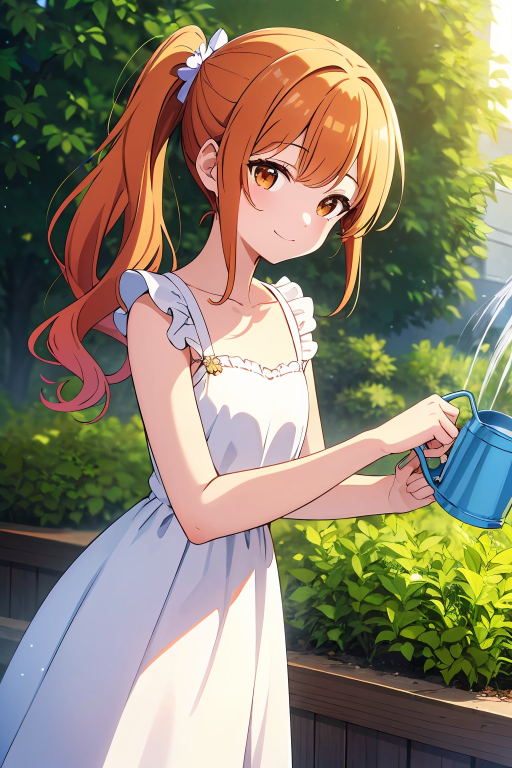 ((absurdres, highres, ultra detailed, high resolution, masterpiece, best quality, very fine 8KCG wallpapers)), 1 girl, solo, small breasts, light smile, long hair, wavy hair, orange hair, side ponytail, brown eyes, white dress, frills, watering the flower beds in the garden with a watering can on early summer mornings, nice hands, perfect hands,