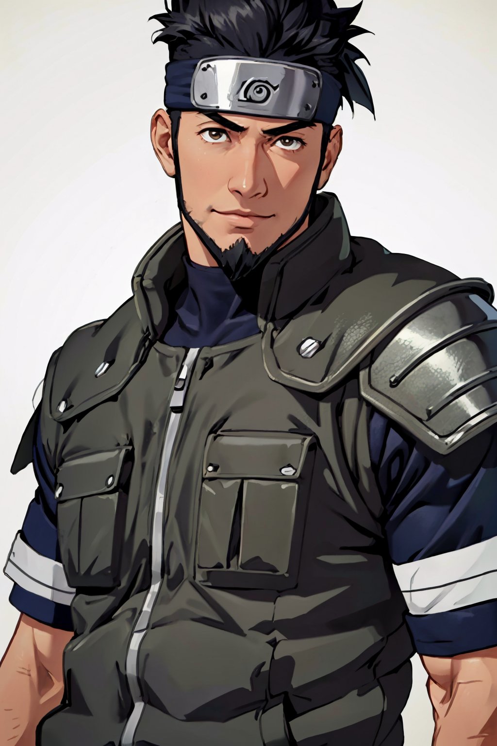 Asuma Sarutobi, Japanese, brown eyes, olive skin, short black spiky hair, beard on chin and cheekbone, (shaved philtrum, hairless philtrum:1.3), lsaid-back individual, dashing, smile, shinobi sandals, forehead protector, clothing, wore a white short-sleeved shirt with a blue and black collar over chain-mail armour, along with a simple white vest, a pair of black pants, simple background, fit body, handsome, charming, alluring, intense gaze, (standing), (upper body in frame), perfect light, only1 image, perfect anatomy, perfect proportions, perfect perspective, 8k, HQ, (best quality:1.2, hyperrealistic:1.2, photorealistic:1.2, madly detailed CG unity 8k wallpaper:1.2, masterpiece:1.2, madly detailed photo:1.2), (hyper-realistic lifelike texture:1.2, realistic eyes:1.2), picture-perfect face, perfect eye pupil, detailed eyes, realistic, HD, UHD, front view:, portrait