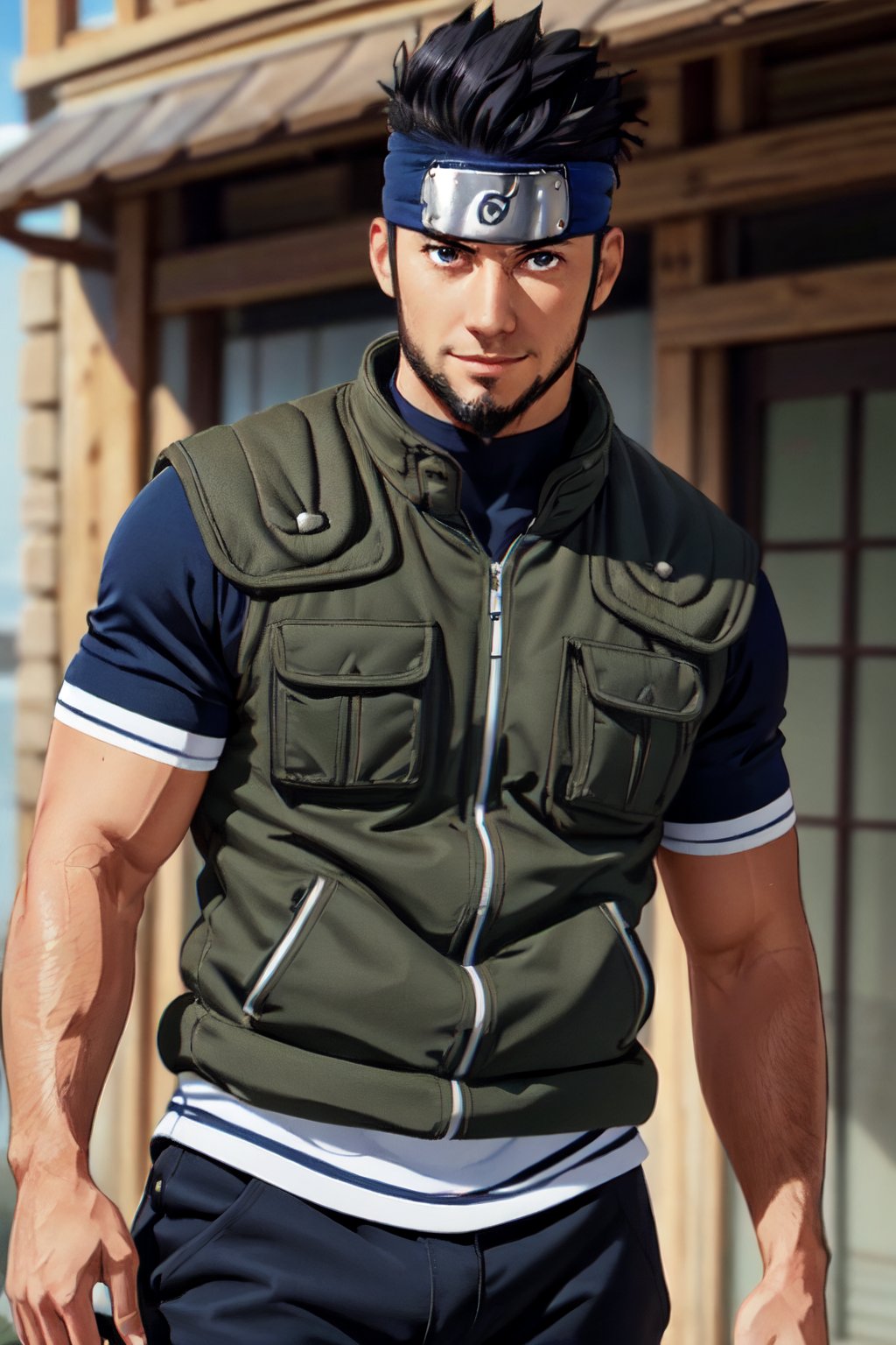 Asuma Sarutobi, Japanese, brown eyes, olive skin, short black spiky hair, beard on chin and cheekbone, (shaved philtrum, hairless philtrum), laid-back individual, dashing, smile, shinobi sandals, forehead protector, clothing, wore a white short-sleeved shirt with a blue and black collar over chain-mail armour, simple military green vest, black pants, fit body, handsome, charming, alluring, intense gaze, (standing), (upper body in frame), perfect light, perfect anatomy, perfect proportions, perfect perspective, 8k, HQ, (best quality:1.2, hyperrealistic:1.2, photorealistic:1.2, madly detailed CG unity 8k wallpaper:1.2, masterpiece:1.2, madly detailed photo:1.2), (hyper-realistic lifelike texture:1.2, realistic eyes:1.2), picture-perfect face, perfect eye pupil, detailed eyes, realistic, HD, UHD, front view, dutch angle