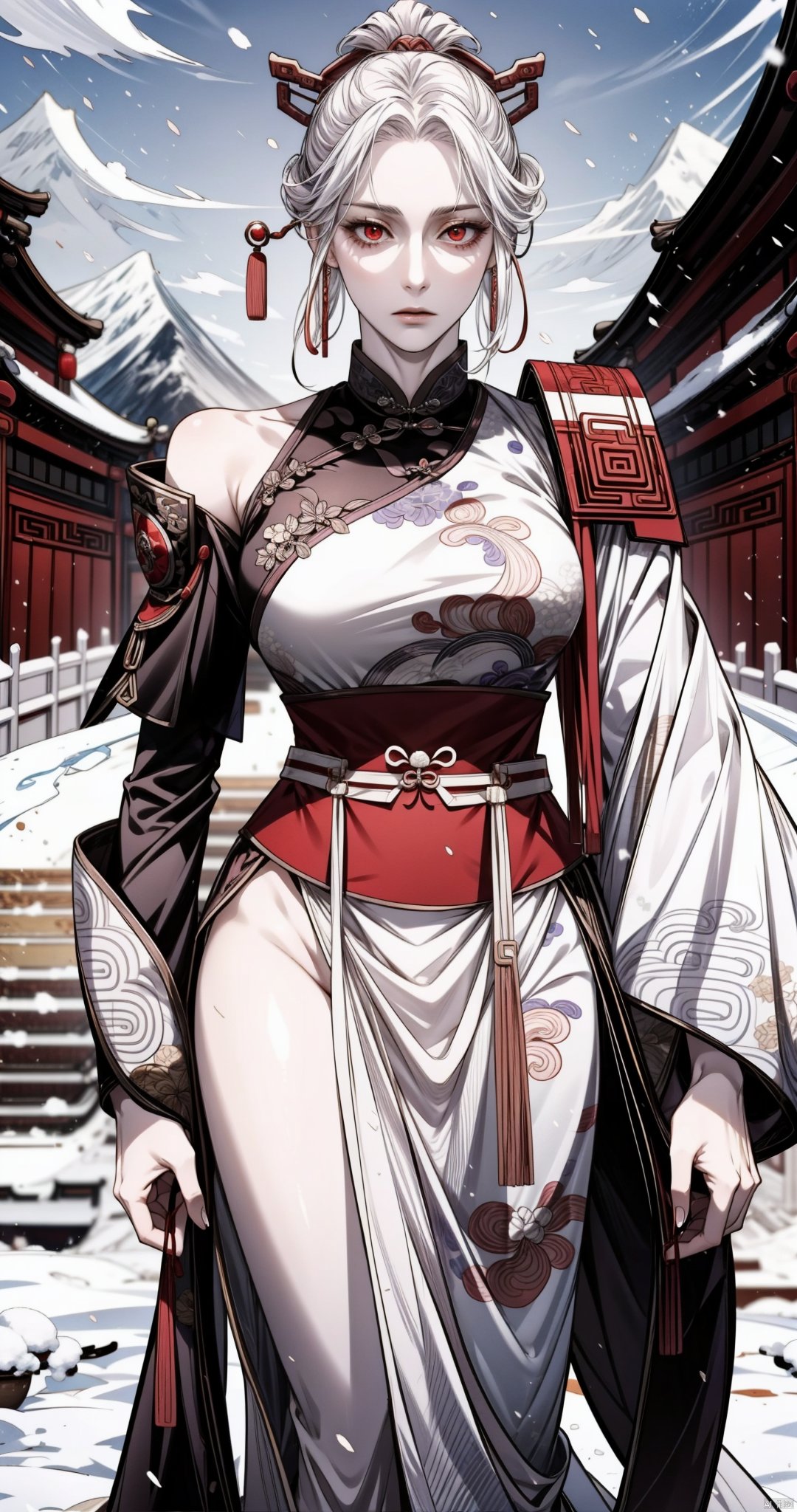  masterpiece, blue sky, cloudy, snow,
(snow mountain), daylight, blurry background,

1girl, solo, white hair, updo, red eyes, (no expression), (pale skin:1.2), 
exposed one shoulder, medium breast,
(Emperor of China:1.4), black and purple,
tall female, perfect figure, 
cowboy shot,