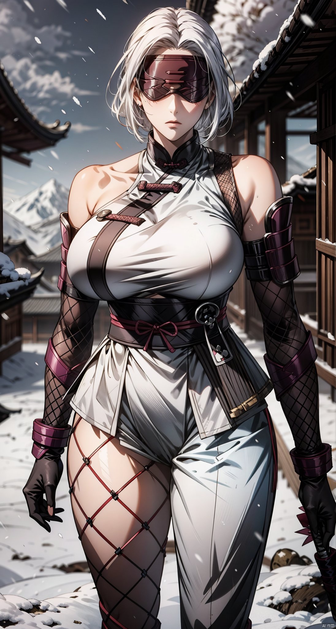  snowfield, (blurry background), (anime), cloudy sky,
Ancient Chinese architecture, snow, 
cowboy shot, look at viewer, (from front side),
solo, single, 1girl, mature female, perfect figure, 
(white hair), short hair, blindfold, headmask,
exposed shoulder, big breast, (tall female),
(no expression), 
(black ninja), (fishnet), 
medusa_ubw