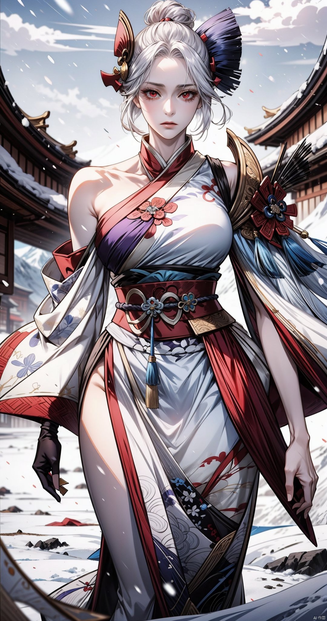  masterpiece, blue sky, cloudy, snow,
(snow mountain), daylight, blurry background,

1girl, solo, white hair, updo, red eyes, (no expression), (pale skin), 
exposed one shoulder, medium breast,
(Onmyoji:1.35), black and purple,
tall female, perfect figure, 
cowboy shot,