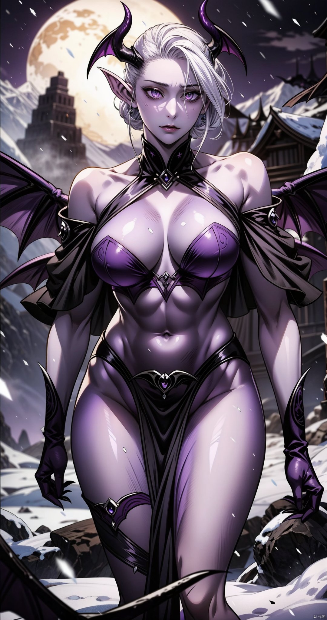 masterpiece, anime, blue sky, cloudy, snow,
(snow mountain), night, blurry background,
1girl, solo, white hair, updo, dark purple eyes, (no expression), (purple skin:1.3),
exposed one shoulder, medium  breast,
(Succubus:1.5), black and purple clothes,
tall female, perfect figure, 
cowboy shot, reze, sawatari akane