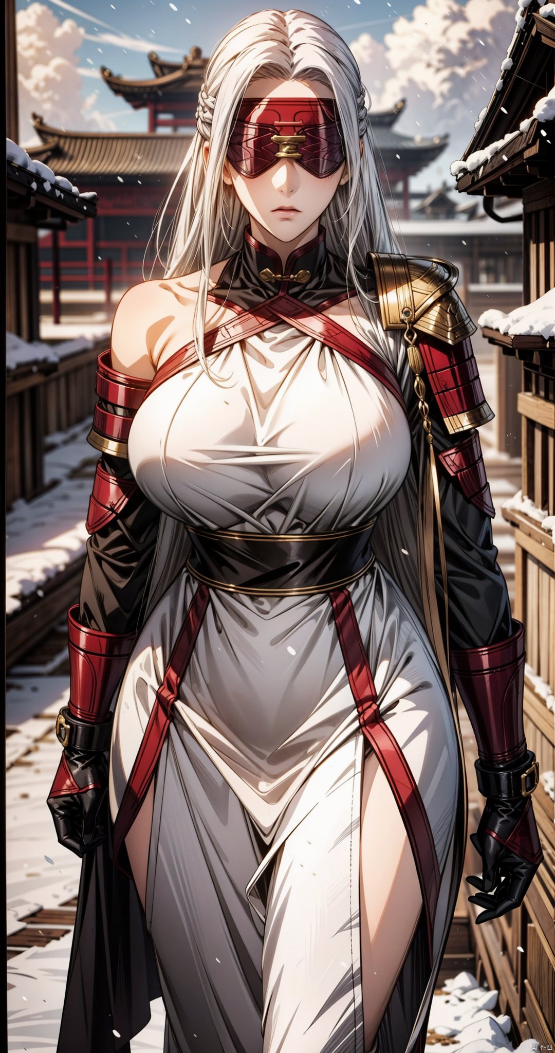  snowfield, (blurry background), (anime), cloudy sky,
Ancient Chinese architecture, snow, 
cowboy shot, look at viewer, (from front side),
solo, single, 1girl, mature female, perfect figure, 
(white hair), a little long hair, blindfold, headmask,
exposed shoulder, big breast, (tall female),
(no expression), (Ancient Egyptian clothing), 
medusa_ubw