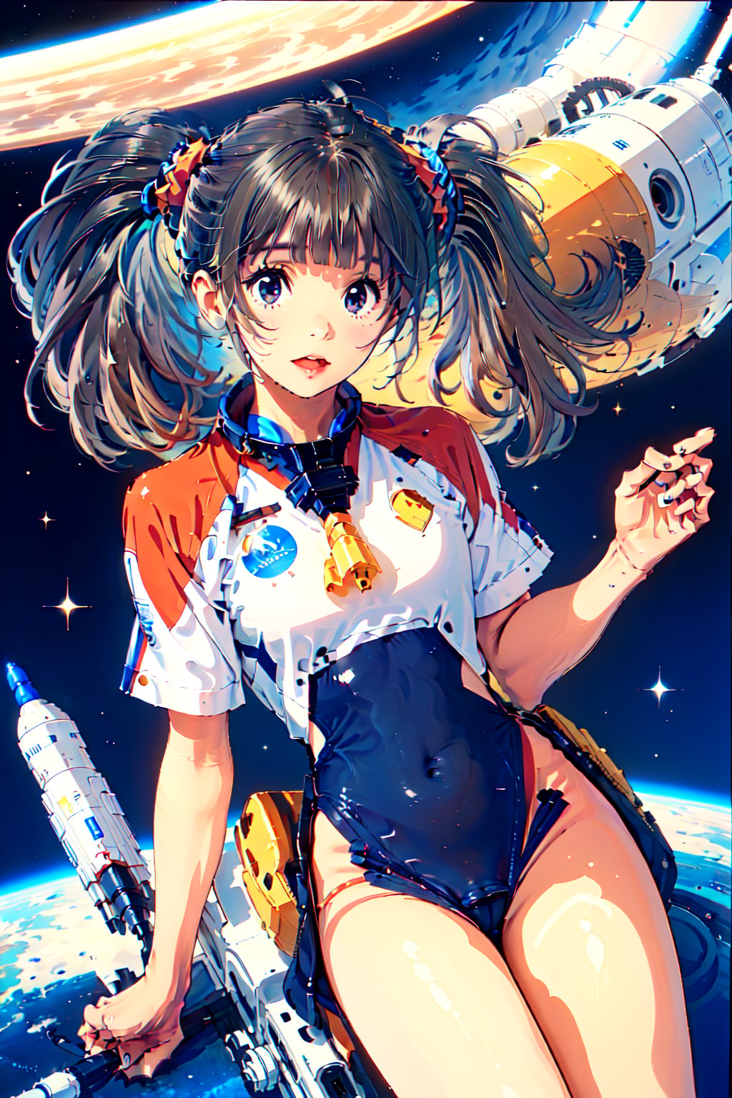 1girl,twintails,masterpiece,Let's go to the edge of the universe! Get on that rocket! Riding a rocket to venture into space is a wonderful part of exploring the unknown world. I hope you continue to pursue your dreams, and may new discoveries await in the deep corners of the universe!