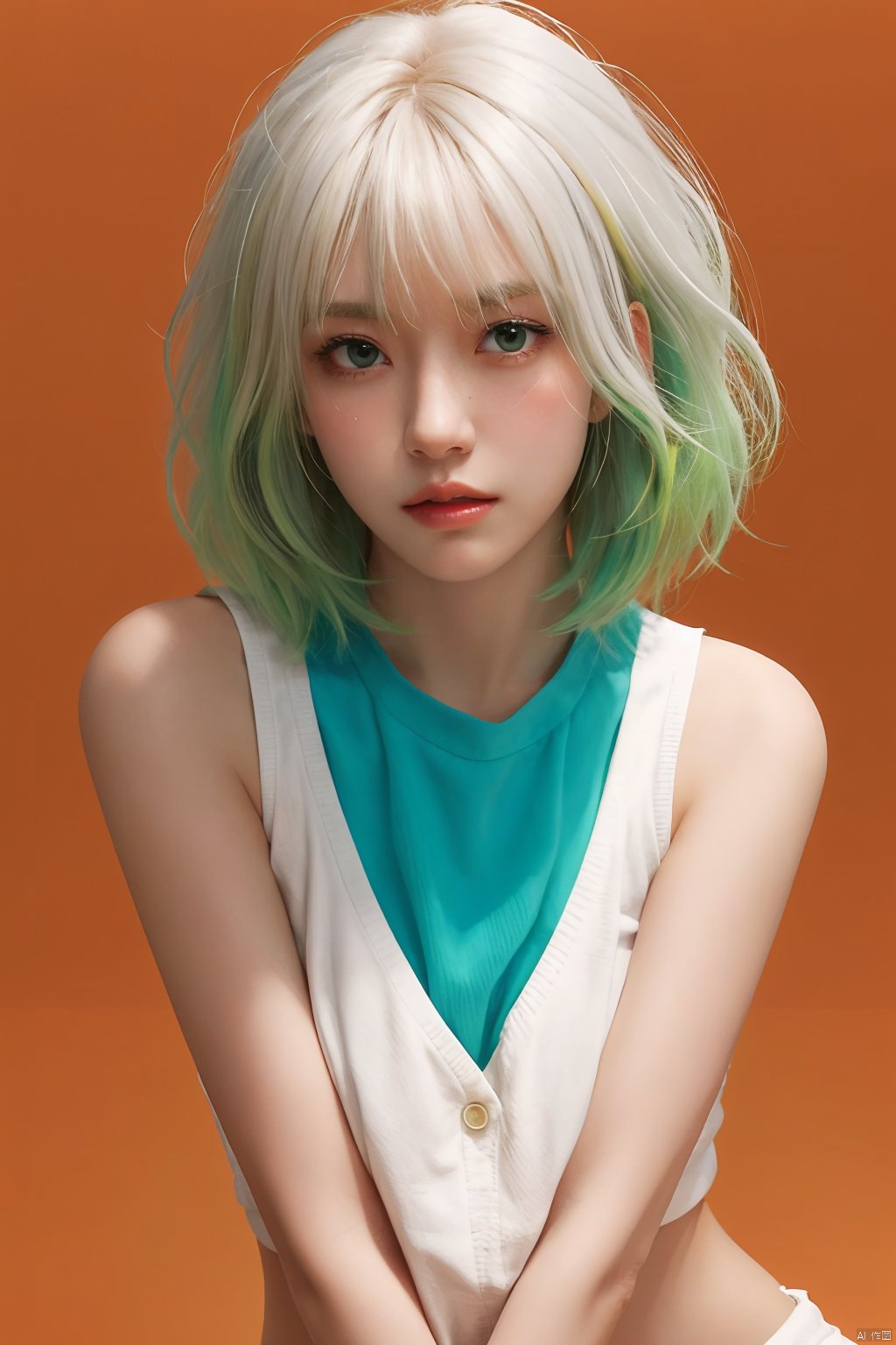  blunt bangs, masterpiece, best quality, best illustration, ultra-detailed, upper body, solo, 1 girl, looking at viewer, upright, arms at sides, beautiful detailed eyes, concept art, ((orange background))), simple background, white hair, green gradient hair, expressionless, blush, virtual youtuber, short hair,blonde hair, monkren