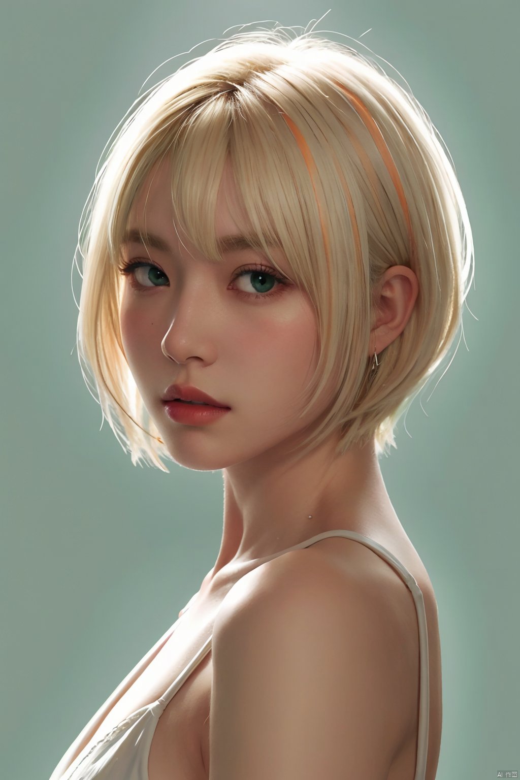  blunt bangs, masterpiece, best quality, best illustration, ultra-detailed, upper body, solo, 1 girl, looking at viewer, upright, arms at sides, beautiful detailed eyes, concept art, ((orange background))), simple background, white hair, green gradient hair, expressionless, blush, virtual youtuber, short hair,blonde hair, monkren